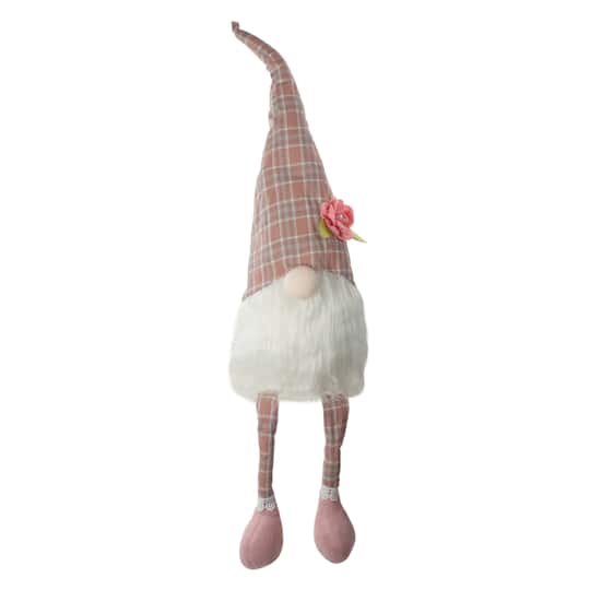 29&#x22; Pink &#x26; White Plaid Spring Gnome with Dangling Legs Figure